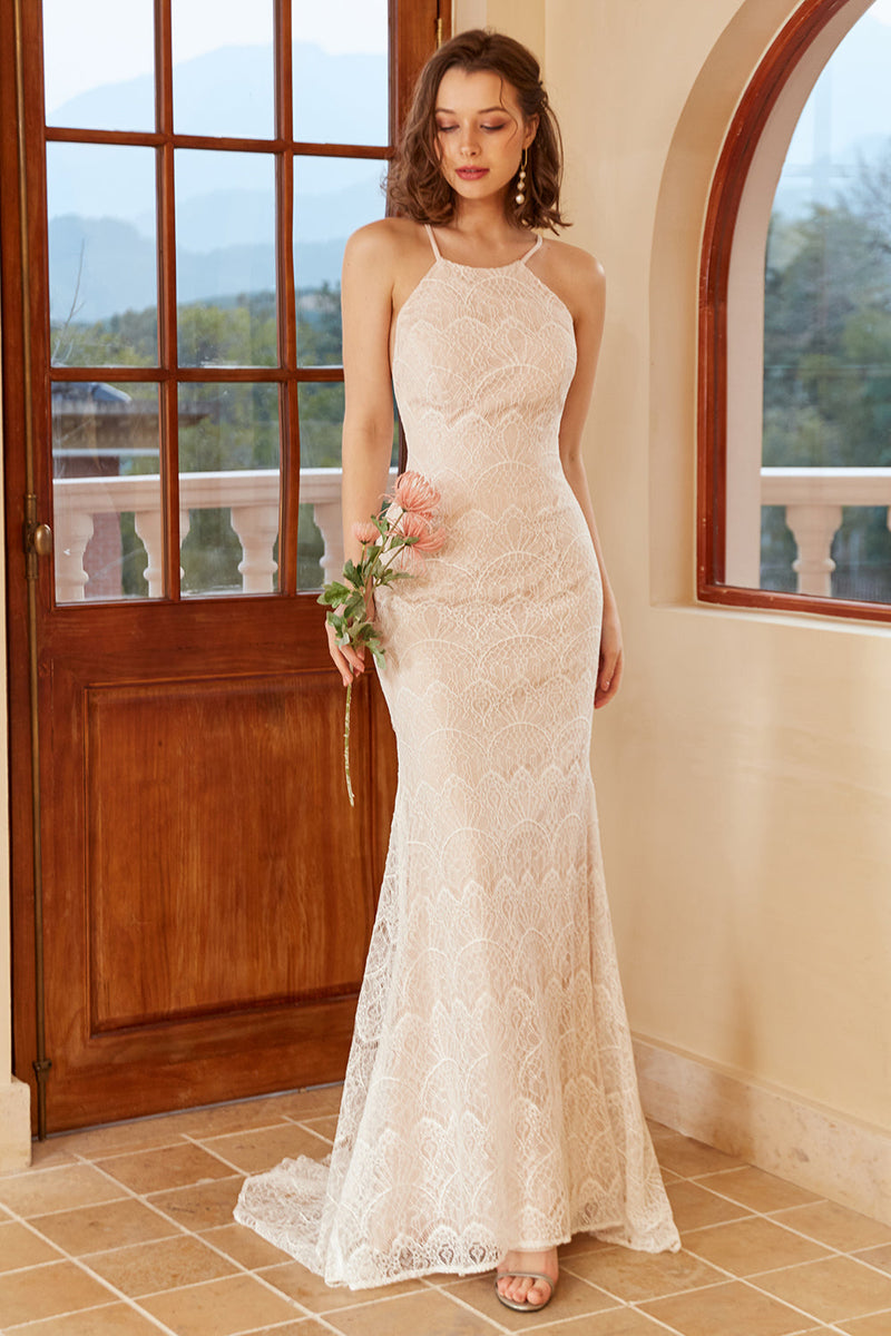 Load image into Gallery viewer, Mermaid Halter White Lace Wedding Dress with Sweep Train