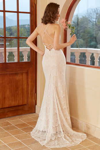 Mermaid Halter White Lace Wedding Dress with Sweep Train