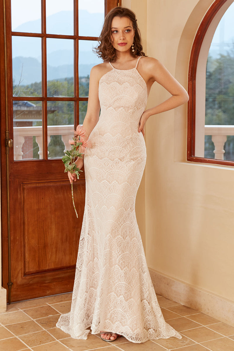 Load image into Gallery viewer, Mermaid Halter White Lace Wedding Dress with Sweep Train