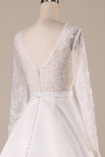 Ivory Satin Sweep Train Long Sleeves Wedding Dress