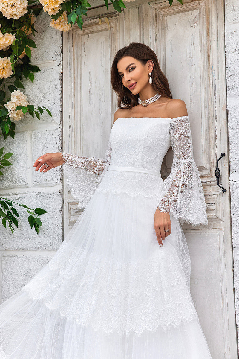 Load image into Gallery viewer, Ivory Sweep Train Flare Sleeves Wedding Dress