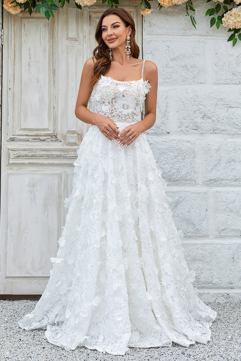 Load image into Gallery viewer, Ivory Floral Lace Sweep Train Wedding Dress