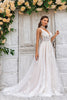 Load image into Gallery viewer, Gorgeous A Line Deep V Neck Champagne Tulle Wedding Dress with Lace