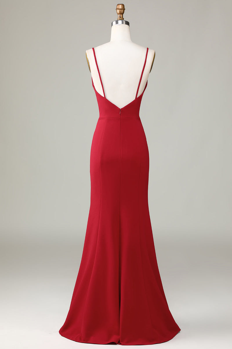 Load image into Gallery viewer, Spaghetti Straps Sleeveless Burgundy Bridesmaid Dress with Slit