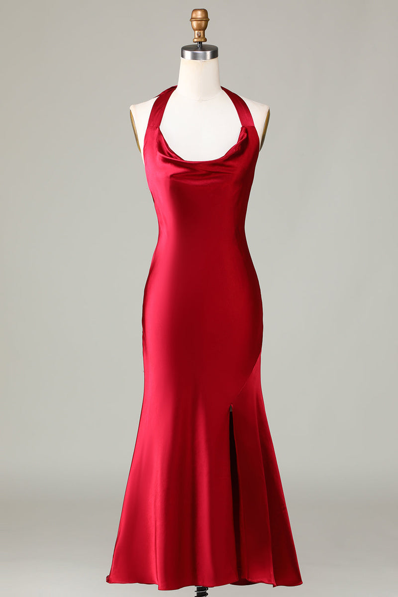 Load image into Gallery viewer, Halter Sleeveless Burgundy Long Bridesmaid Dress with Slit