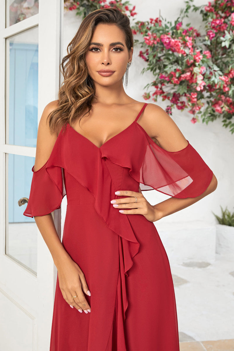 Load image into Gallery viewer, A Line Off the Shoulder Burgundy Long Bridesmaid Dress with Ruffles