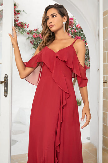 A Line Off the Shoulder Burgundy Long Bridesmaid Dress with Ruffles