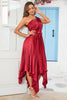 Load image into Gallery viewer, Asymmetrical One Shoulder Burgundy Tea Length Bridesmaid Dress