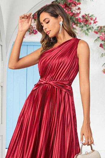 Asymmetrical One Shoulder Burgundy Tea Length Bridesmaid Dress