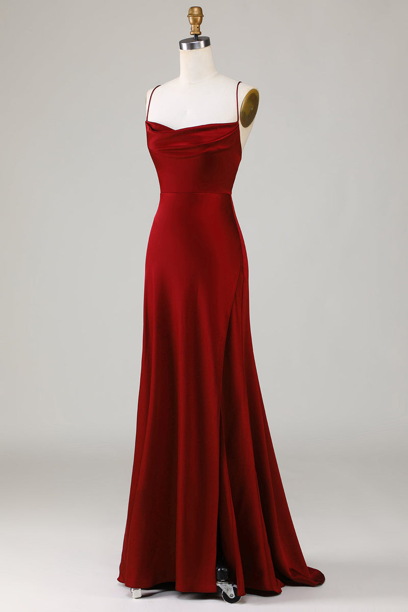 Load image into Gallery viewer, Lace-Up Back Burgundy Long Bridesmaid Dress with Slit