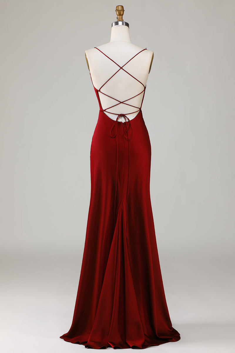 Load image into Gallery viewer, Lace-Up Back Burgundy Long Bridesmaid Dress with Slit