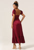 Load image into Gallery viewer, Sweetheart Burgundy Bridesmaid Dress with Puff Sleeves