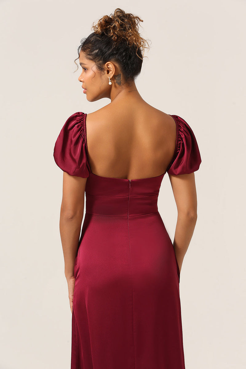 Load image into Gallery viewer, Sweetheart Burgundy Bridesmaid Dress with Puff Sleeves