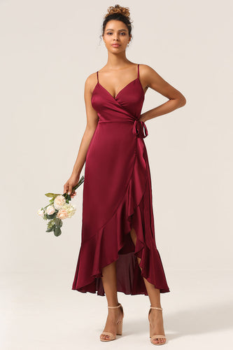 A Line Spaghetti Straps Burgundy Bridesmaid Dress with Ruffles