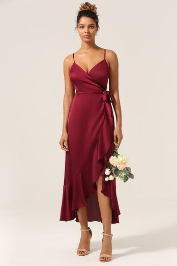 A Line Spaghetti Straps Burgundy Bridesmaid Dress with Ruffles