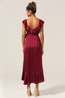 A Line V-Neck Burgundy Bridesmaid Dress with Ruffles