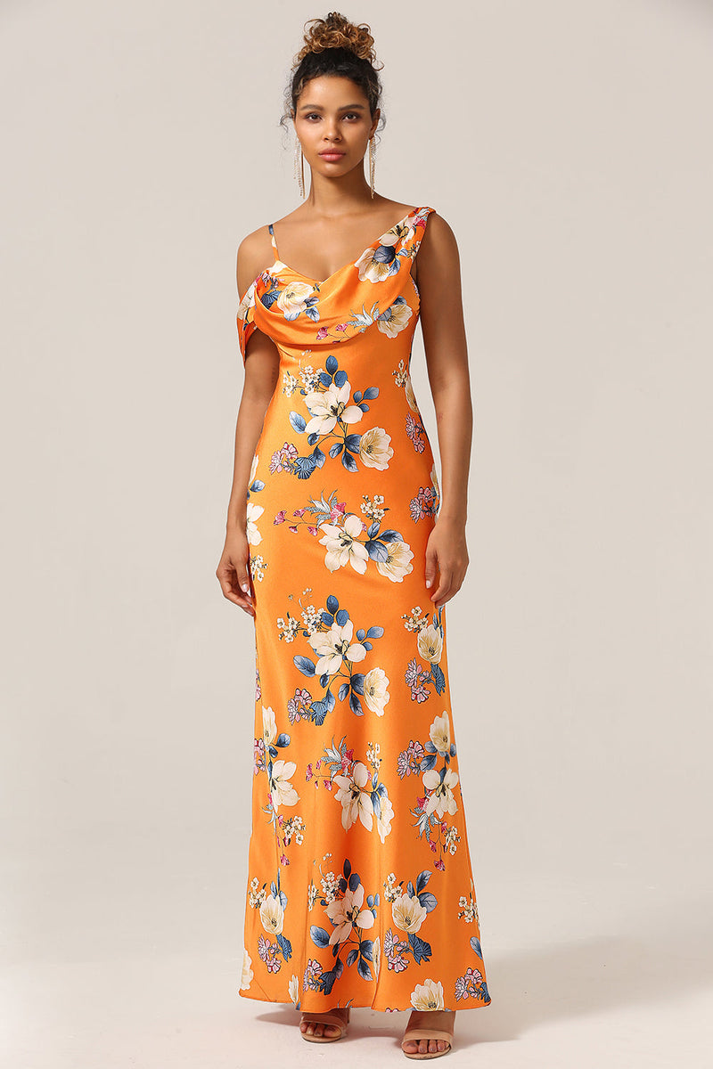 Load image into Gallery viewer, Trendy Mermaid One Shoulder Printed Orange Flower Bridesmaid Dress