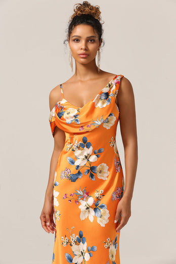 Trendy Mermaid One Shoulder Printed Orange Flower Bridesmaid Dress