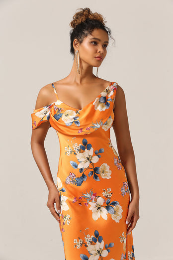 Trendy Mermaid One Shoulder Printed Orange Flower Bridesmaid Dress