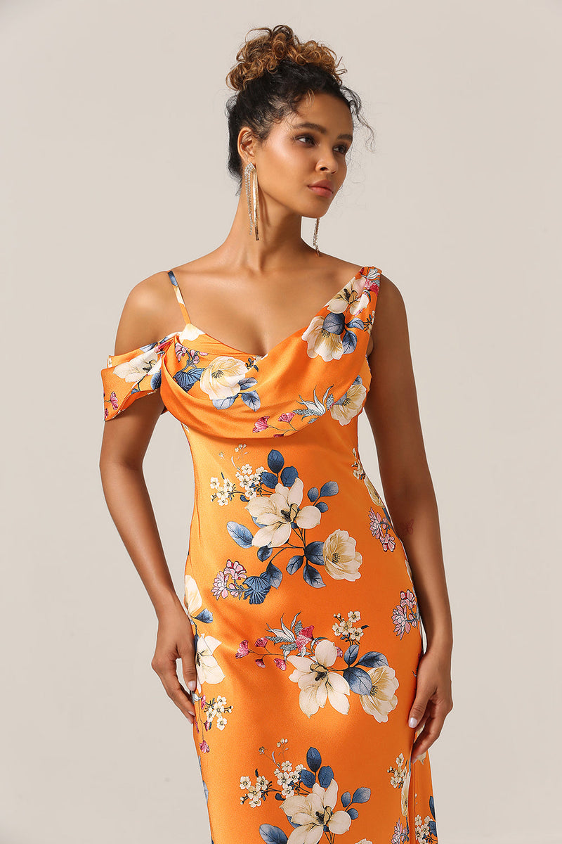 Load image into Gallery viewer, Trendy Mermaid One Shoulder Printed Orange Flower Bridesmaid Dress