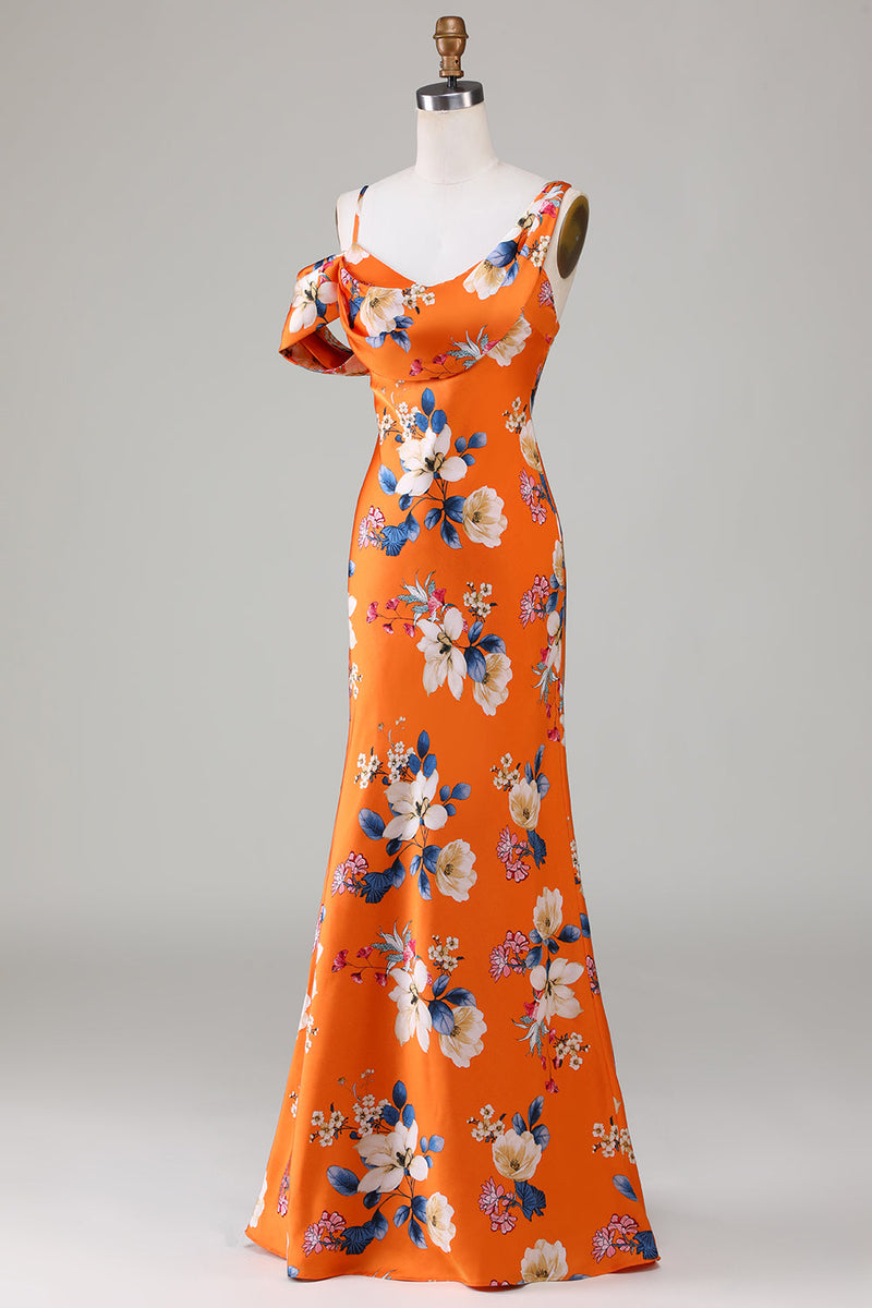 Load image into Gallery viewer, Mermaid Printed Orange Flower Bridesmaid Dress