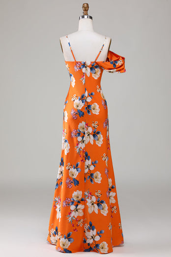 Mermaid Printed Orange Flower Bridesmaid Dress