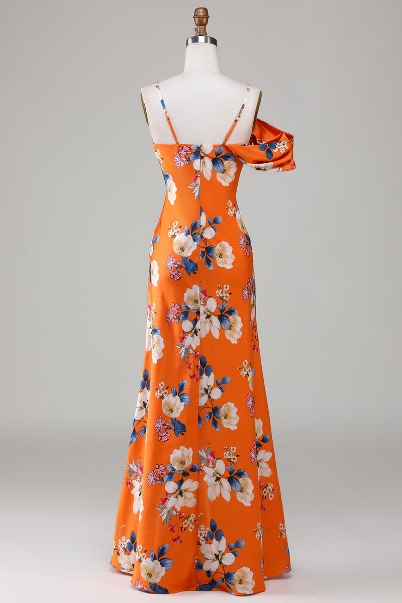 Load image into Gallery viewer, Mermaid Printed Orange Flower Bridesmaid Dress