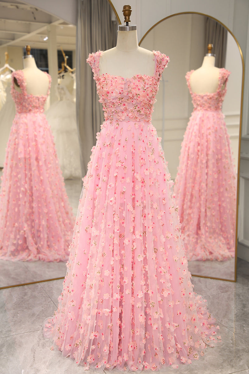 Load image into Gallery viewer, Pink A-line Off The Shoulder Long Formal Dress with 3D Flowers