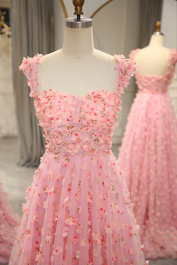 Pink A-line Off The Shoulder Long Formal Dress with 3D Flowers