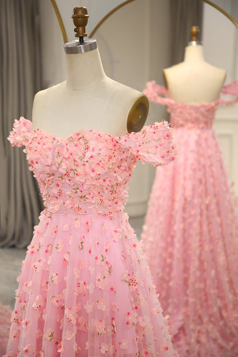 Pink A-line Off The Shoulder Long Formal Dress with 3D Flowers