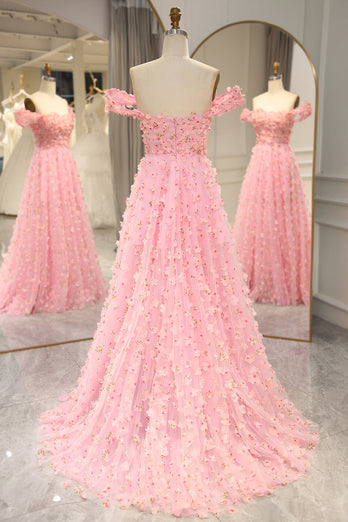 Pink A-line Off The Shoulder Long Formal Dress with 3D Flowers