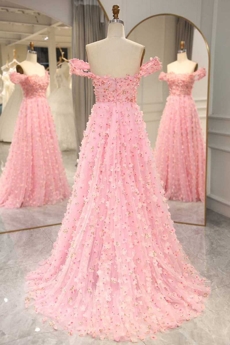 Load image into Gallery viewer, Pink A-line Off The Shoulder Long Formal Dress with 3D Flowers