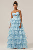 Load image into Gallery viewer, Gorgeous A Line Spaghetti Straps Cut Out Tiered Blue Bridesmaid Dress