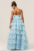 Load image into Gallery viewer, Gorgeous A Line Spaghetti Straps Cut Out Tiered Blue Bridesmaid Dress