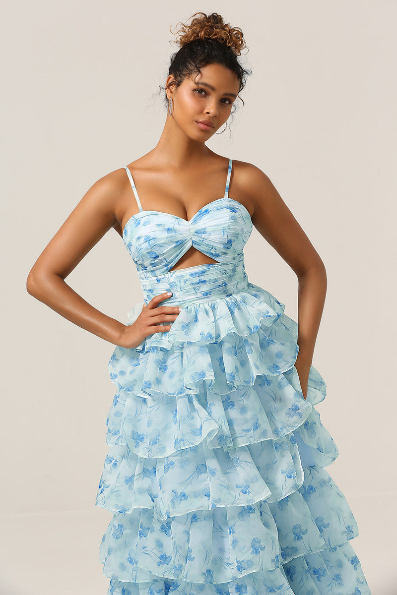 Load image into Gallery viewer, Gorgeous A Line Spaghetti Straps Cut Out Tiered Blue Bridesmaid Dress