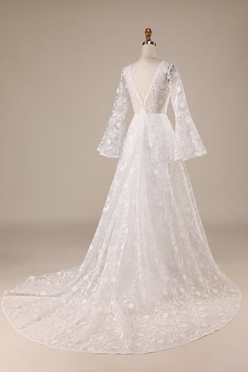 Ivory Lace Flare Sleeves A-Line Wedding Dress