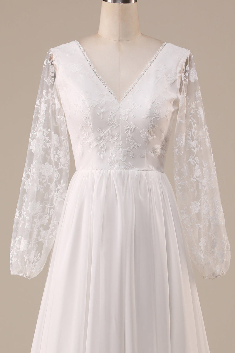 Load image into Gallery viewer, Ivory Chiffon Sweep Train Boho Wedding Dress with Lace