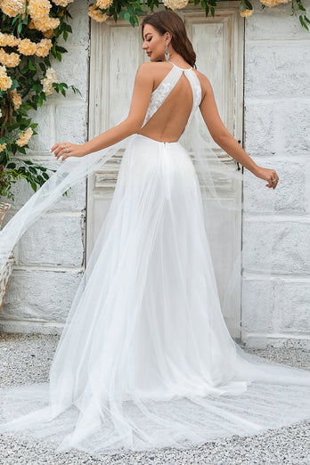 Ivory Open Back Tulle Sweep Train Wedding Dress with Lace