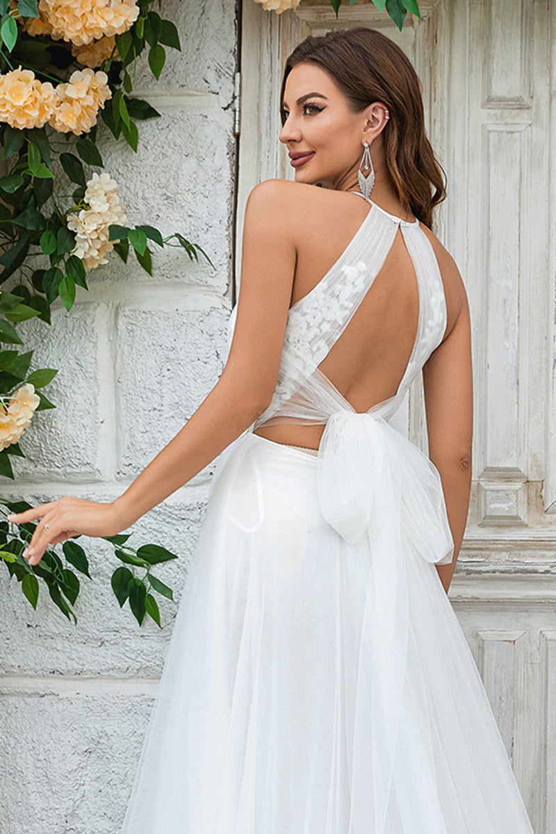 Load image into Gallery viewer, Ivory Open Back Tulle Sweep Train Wedding Dress with Lace