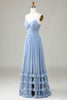 Load image into Gallery viewer, Dusty Blue Printed Corset Spaghetti Straps Long Bridesmaid Dress With Criss Cross Back