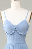 Load image into Gallery viewer, Dusty Blue Printed Corset Spaghetti Straps Long Bridesmaid Dress With Criss Cross Back