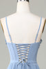 Load image into Gallery viewer, Dusty Blue Printed Corset Spaghetti Straps Long Bridesmaid Dress With Criss Cross Back