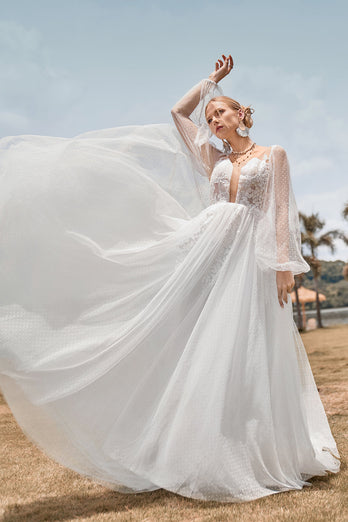 Open Back Long Sleeves Ivory Wedding Dress with Appliques