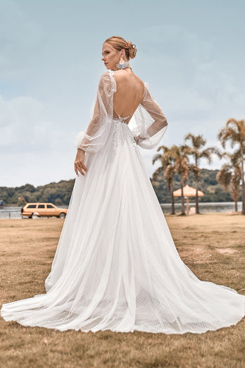 Open Back Long Sleeves Ivory Wedding Dress with Appliques