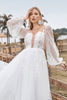 Load image into Gallery viewer, Open Back Long Sleeves Ivory Wedding Dress with Appliques