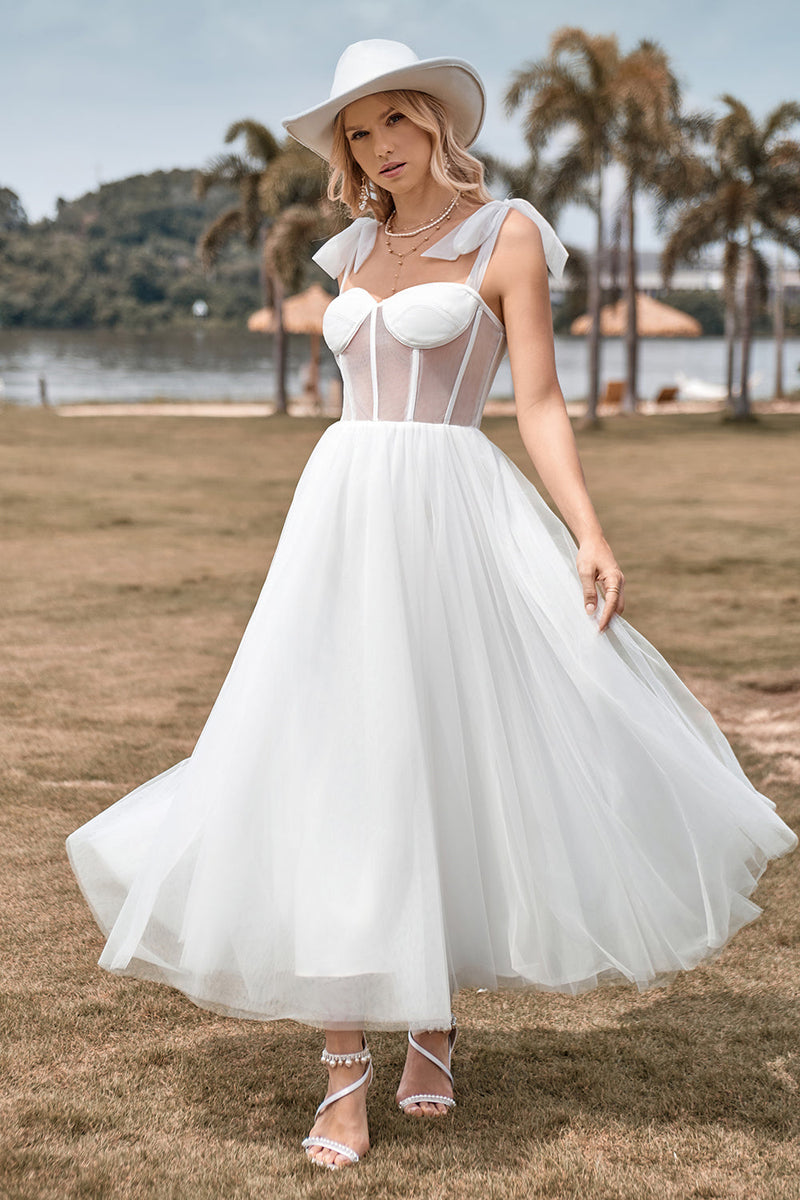 Load image into Gallery viewer, Tulle Spaghetti Straps Ivory Wedding Dress with Corset