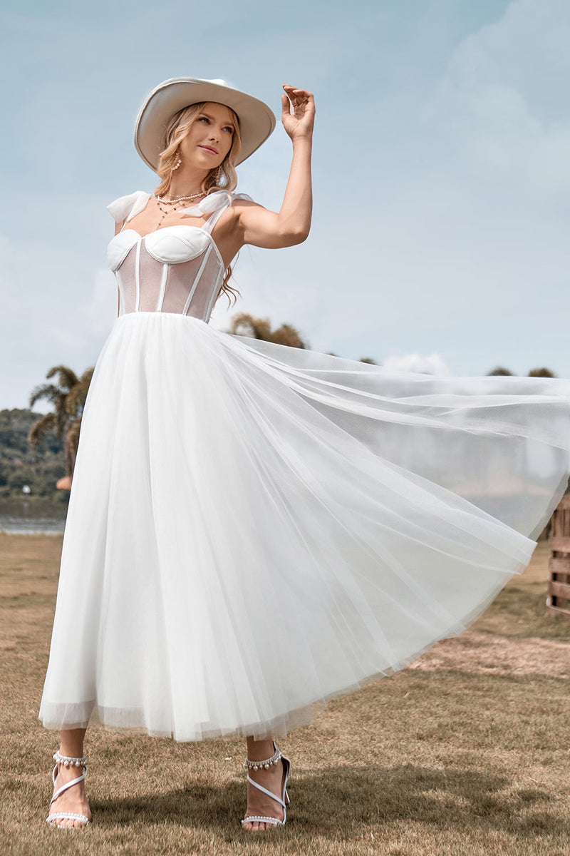 Load image into Gallery viewer, Tulle Spaghetti Straps Ivory Wedding Dress with Corset