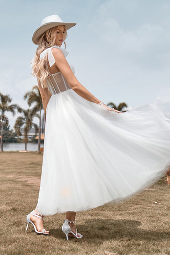 Tulle Spaghetti Straps Ivory Wedding Dress with Corset