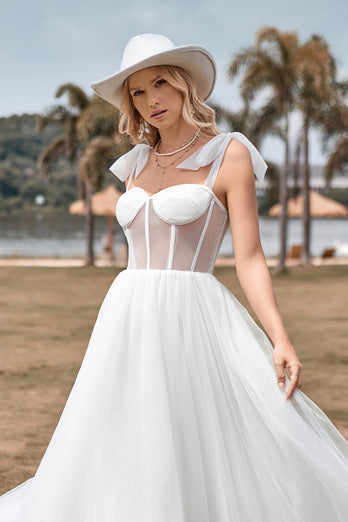 Tulle Spaghetti Straps Ivory Wedding Dress with Corset