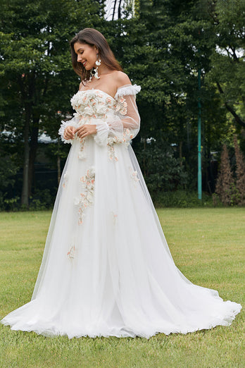 Ivory Detachable Long Sleeves Sweep Train Wedding Dress with 3D Flowers